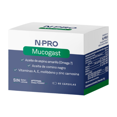Suplemento alimentar N·PRO Mucogast em caixa branca, azul e verde com texto descritivo