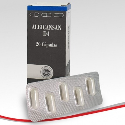 Medicamento ALBIGANSAN D4 em cápsulas com embalagem preta, branca e azul
