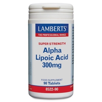 Frasco branco de suplemento Alpha Lipoic Acid 300mg da Lamberts
