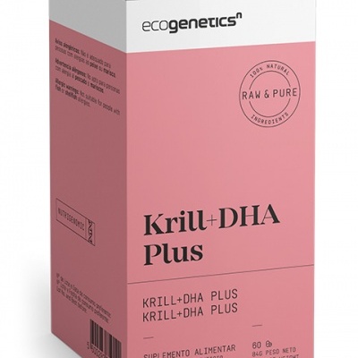 Caixa de suplemento alimentar Ecogenetics Krill+DHA Plus cor rosa e branca