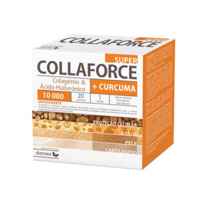 Embalagem branca e laranja do suplemento COLLAFORCE Super+ Curcuma com texto informativo