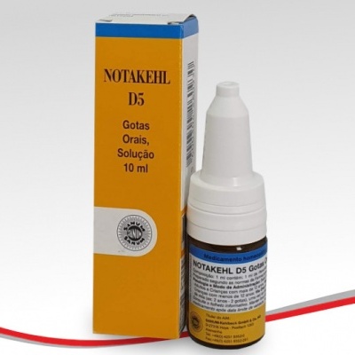 Frasco de gotas oculares NOTAKEHL D5 com embalagem amarela, branca e azul