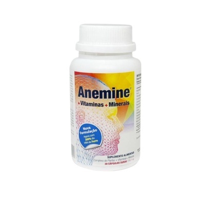 Frasco branco de suplemento alimentar Anemine com vitaminas e minerais