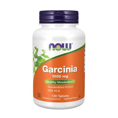 Frasco de suplemento NOW Garcinia 1000 mg com rótulo laranja e branco