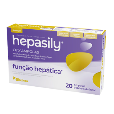Embalagem do produto hepasilly DTX ampolas com 20 unidades de 10ml em roxo, branco e amarelo