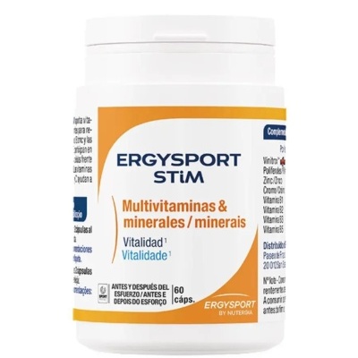 Frasco ERGYSPORT STiM multivitaminas e minerais laranja e branco com 60 cápsulas