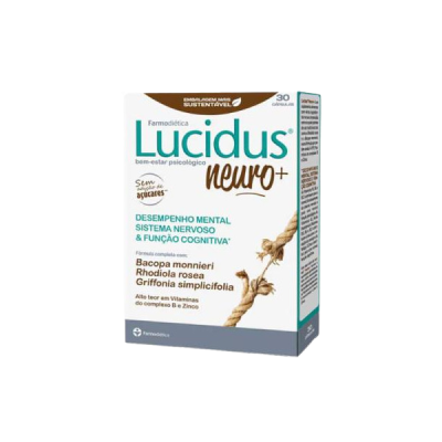 Embalagem de suplemento Lucidus neuro+ para desempenho mental e função cognitiva