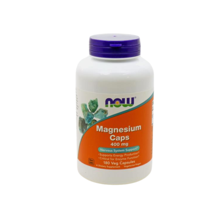 Frasco de suplemento alimentar NOW Magnesium Caps com rótulo branco e laranja.