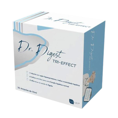Embalagem Dr. Digest TRI-EFFECT com desenho de gato e texto em português