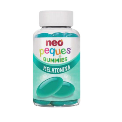 Frasco plástico com gomas azuis e rótulo 'neo peques GUMMIES MELATONINA'