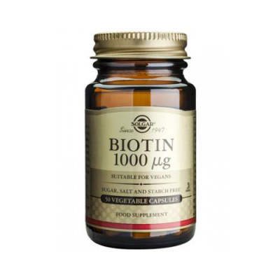 Frasco de suplemento alimentar Biotin 1000 µg Solgar em vidro castanho com rótulo creme e dourado