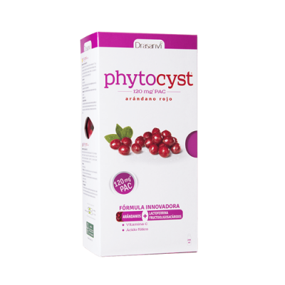 Embalagem do suplemento Phytocyst com arando e texto em roxo e branco