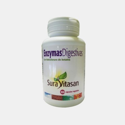 Frasco branco de suplemento alimentar Sura Vitasan com rótulo de Enzymas Digestivas