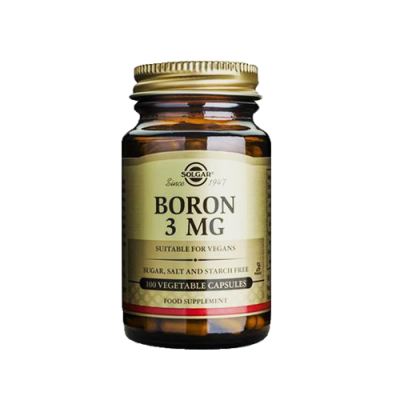 Frasco de suplemento alimentar Solgar BORON 3 MG em cápsulas vegetais