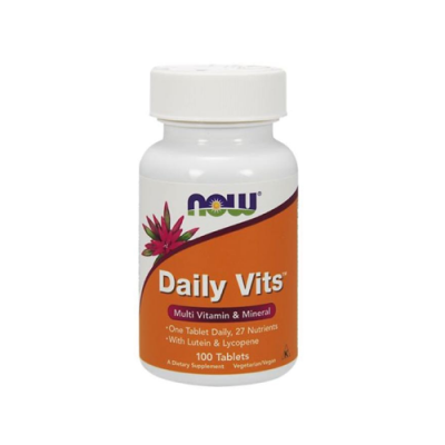 Frasco branco de suplemento multivitamínico Daily Vits com rótulo laranja