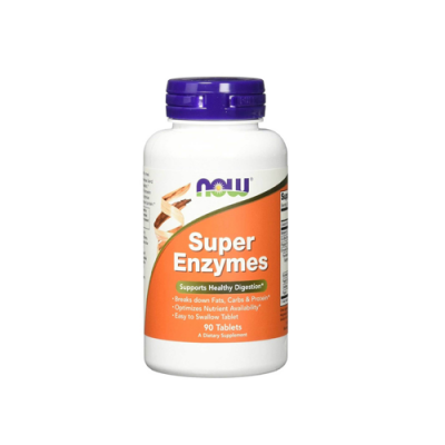 Frasco branco de suplemento NOW Super Enzymes com tampa roxa e rótulo laranja
