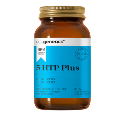 Frasco de suplemento alimentar 5 HTP Plus da ecogenetics com rótulo azul