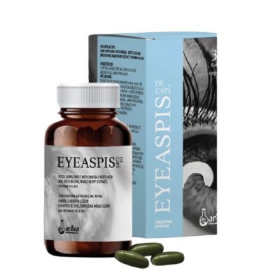 Frasco de suplemento alimentar Eyeaspis com embalagem azul e imagem de olho