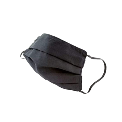 Máscara facial preta de tecido com pregas e alças elásticas