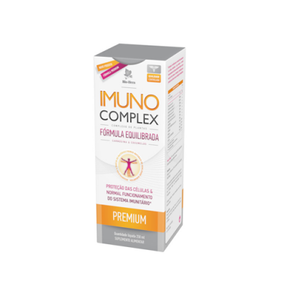 Embalagem de suplemento Imuno Complex branco com detalhes laranja e cinza