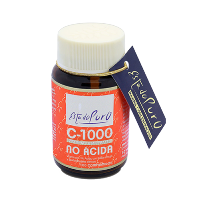 Frasco de comprimidos Estado Puro C-1000 No Ácida com rótulo laranja e tampa branca