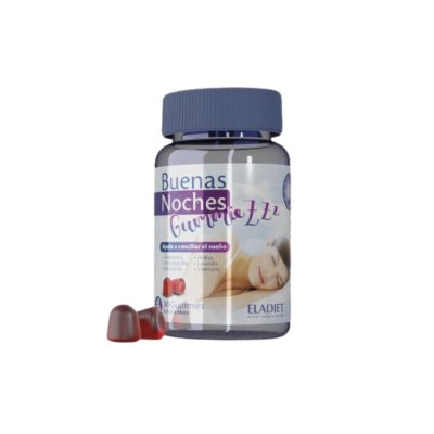 frasco azul de suplementos 'Buenas Noches Gourmetti' com duas pastilhas vermelhas