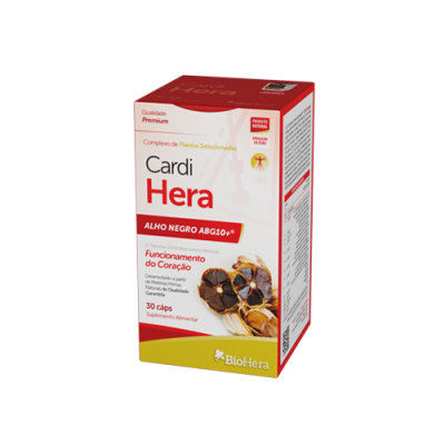 Embalagem de suplemento Cardi Hera com alho negro, em vermelho, branco e amarelo