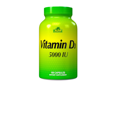 Frasco plástico verde e amarelo de suplemento Vitamina D3 5000 IU