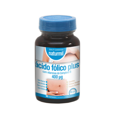 Frasco de ácido fólico plus com rótulo azul e branco e tampa azul