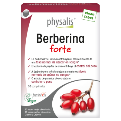 Caixa de Berberina forte da Physalis com imagem de frutos vermelhos e texto informativo em português.
