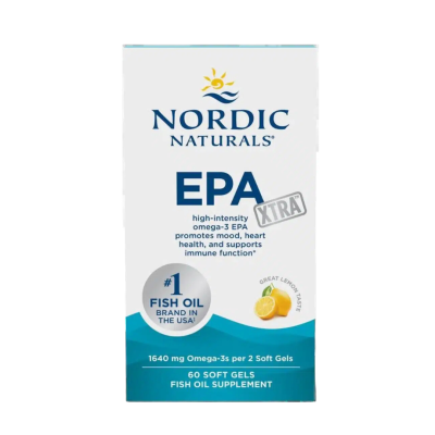Caixa branca e azul de suplemento Nordic Naturals EPA XTRA com imagem de limão e texto sobre Omega-3