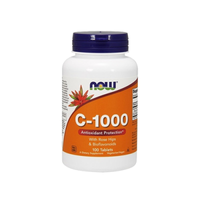 Frasco branco de suplemento C-1000 da marca NOW com rótulo laranja e tampa azul