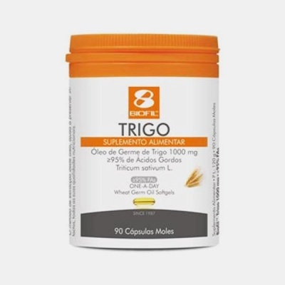 Frasco de suplemento alimentar Biofel Trigo com tampa laranja e rótulo branco