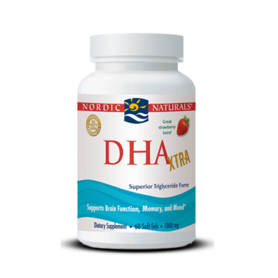 Frasco de suplemento Nordic Naturals DHA XTRA com rótulo azul, vermelho e branco