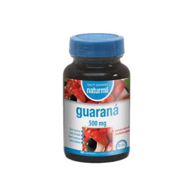 Frasco de suplemento de guaraná naturmil 500 mg com tampa azul e rótulo branco azul