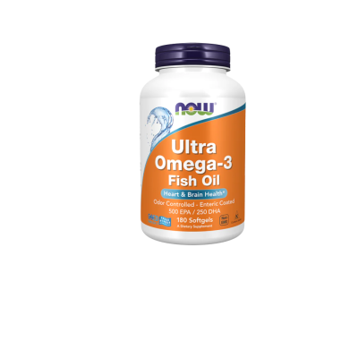 Frasco de óleo de peixe Ultra Omega-3 da NOW com 180 cápsulas