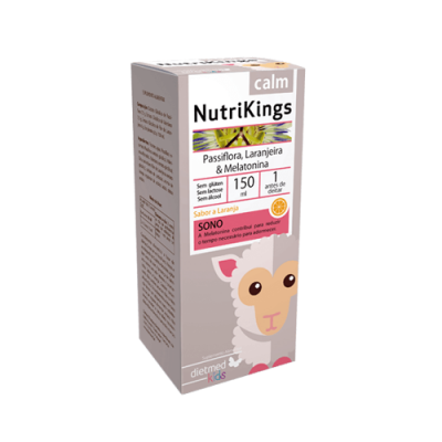 Frasco suplemento infantil NutriKings calm com sabor a laranja e desenho ovelha