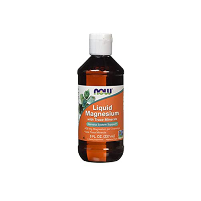 Frasco de suplemento líquido de magnésio da marca NOW com rótulo branco e laranja.