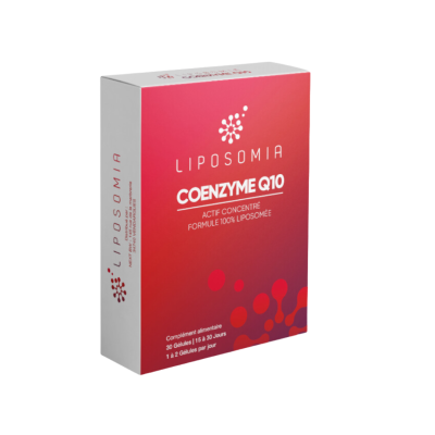 Embalagem do suplemento Liposomia Coenzyme Q10 em vermelho e branco