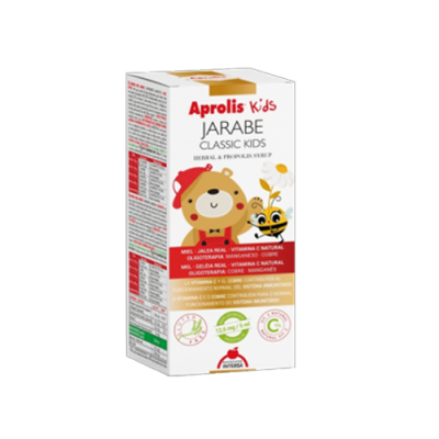 Frasco de xarabe Aprolis Kids Jarabe Classic Kids com ilustração de urso e abelha