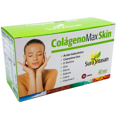 Caixa de suplemento Colágeno Max Skin com instruções e imagem de mulher