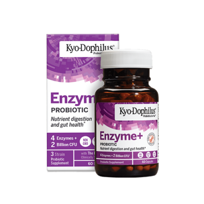Frasco e embalagem de suplemento probiótico Kyo-Dophilus Enzyme+