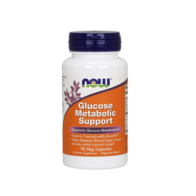 frasco de suplemento Glucose Metabolic Support da NOW com rótulo laranja e roxo