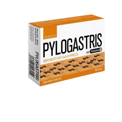 Caixa branca e laranja de suplemento alimentar PYLOGASTRIS da PLANTIS.