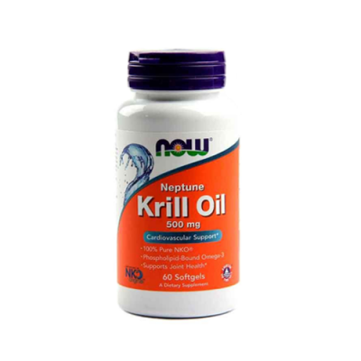 Frasco branco de suplemento Krill Oil da marca NOW com tampa roxa