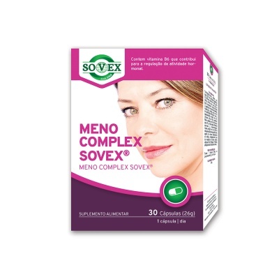 Caixa de suplemento MENO COMPLEX SOVEX com rosto de mulher e texto em português