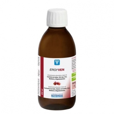 Frasco de suplemento alimentar ERGYVEN com etiqueta branca e detalhes em vermelho e azul.