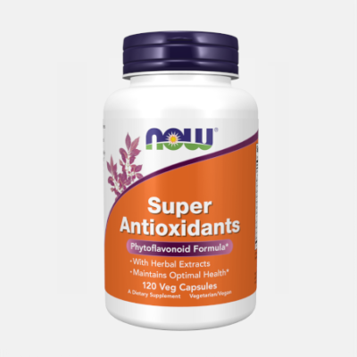 frasco de suplemento Super Antioxidants da NOW com rótulo laranja e tampa roxa