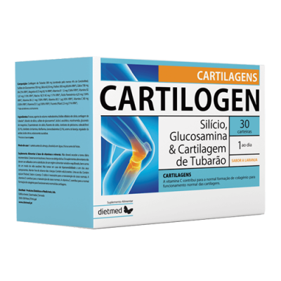 Embalagem de suplemento alimentar Dietmed Cartilogen com 30 carteiras sabor laranja