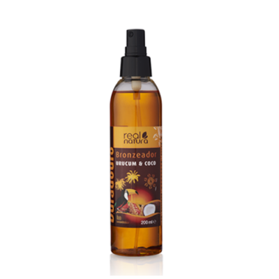 Frasco plástico ambar com pulverizador preto e rótulo bronzeador real natura